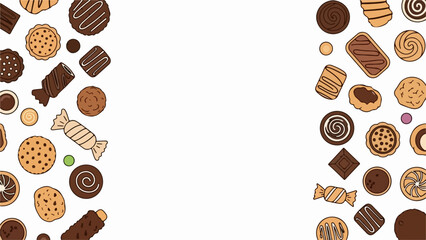 Obraz premium Assortment of cookies, chocolates, and candies creates decorative border on white background, concept of sweet treats, bakery, or celebration. Illustration provides copy space.