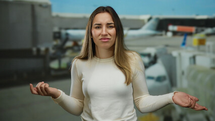 Woman expressing frustration outdoors at an airport with airplanes in the background, showcasing a...