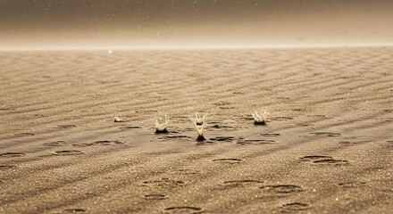 The abstract pattern of rain drops hitting dry sand.