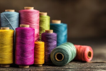 Colorful Spools of Thread on Wooden Surface