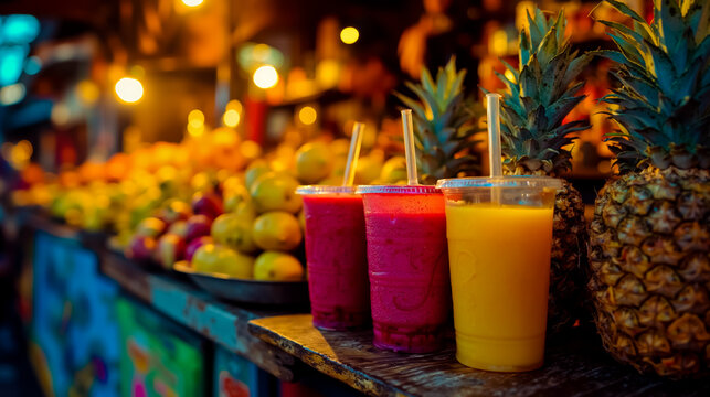 Fruit juice smoothie pineapple apples straws drinks beverage colorful vibrant blender refreshment tropical healthy refreshing fruity vitamin - Powered by Adobe