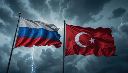 Stormy diplomatic relations flags of russia and turkey amidst dark clouds political tension dramatic atmosphere