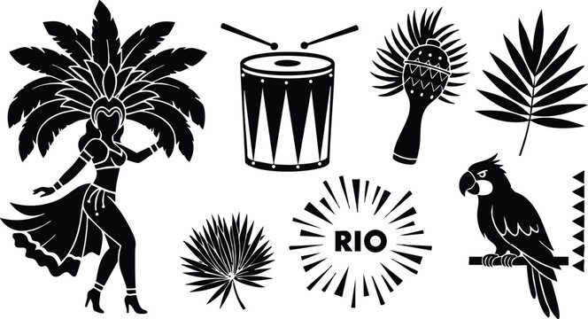 Flat silhouette carnival vector showing side-facing samba dancer dancing with feather headdress, drum close-up, cabasa rattle, parrot perched and rio sunburst in bold black graphic set