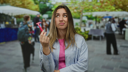Fototapeta premium Woman holding razor and looking puzzled in outdoor market with vibrant stalls and greenery surrounding her.