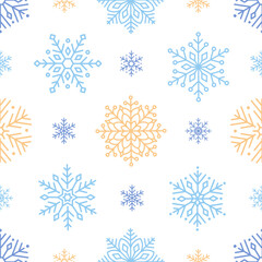 Seamless pattern with cute minimalist snowflakes. Gentle winter holiday design for Christmas, New Year. Perfect for banner, wallpaper, wrapping paper, background, card, poster. Vector illustration