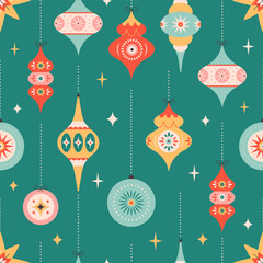 Seamless pattern with Christmas tree toys. Christmas ornaments. Perfect for banner, wallpaper, wrapping paper, background, card, poster. Vector illustration