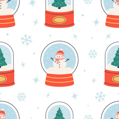 Seamless pattern with cute glass snow globes. Gentle winter holiday design for Christmas, New Year. Perfect for banner, wallpaper, wrapping paper, background, card, poster. Vector illustration
