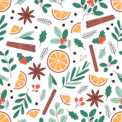 Seamless pattern with winter berries, spices, leaves. Gentle winter holiday design for Christmas, New Year. Perfect for banner, wallpaper, wrapping paper, background, card, poster. Vector illustration