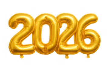 Golden foil balloon numbers forming 2026, celebrating new year and future events, on a transparent background