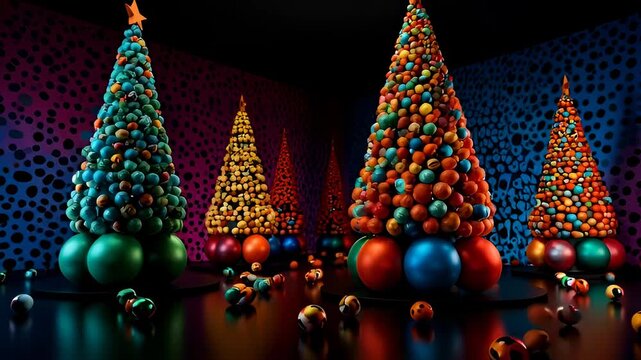 Vibrant, abstract Christmas trees covered in colorful spheres and balls in a stylish dark gallery setting. Festive holiday background, unique decorative art installation, celebration concept.