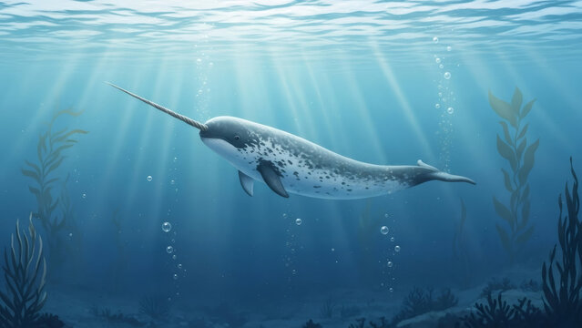 Narwhal swimming underwater in ocean with sun rays. Marine life for educational material or aquatic animal illustration.