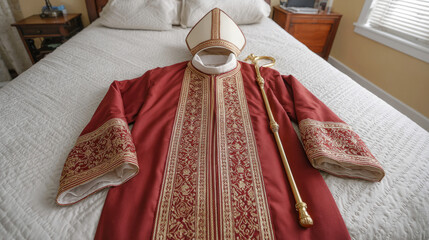 Traditional saint nicholas costume displayed for holiday celebration on bedroom bed