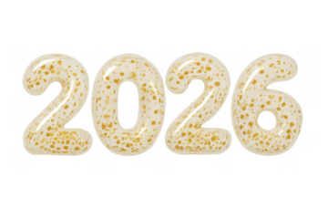 Golden confetti 2026 balloon numbers celebrating new year, anniversary, and future events on transparent background