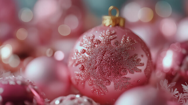 A sparkling pink Christmas ornament adorned with snowflakes, surrounded by soft, blurred festive decorations, creating a warm holiday atmosphere. - Powered by Adobe