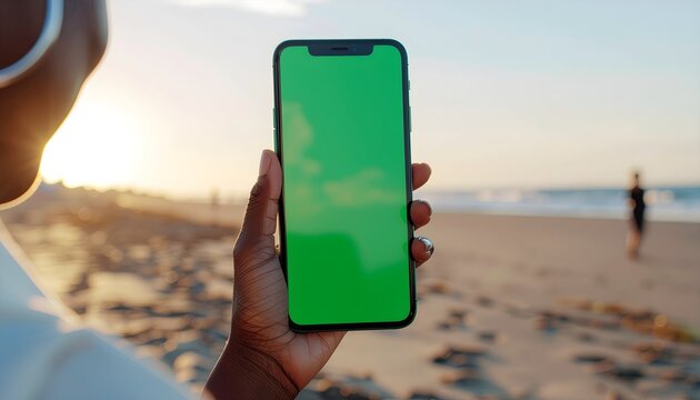 Smartphone green screen on beach at sunset