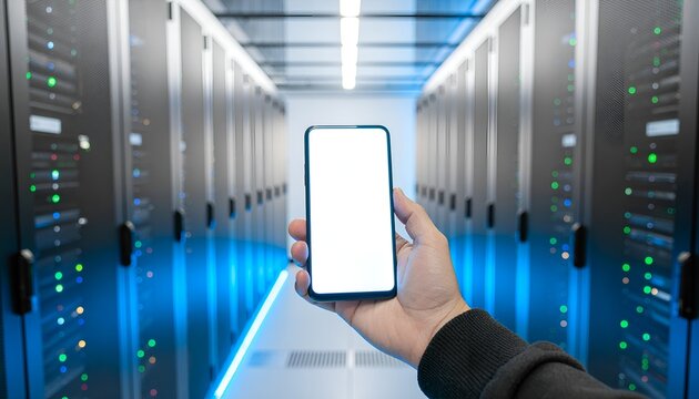 Smartphone blank screen in data center server room - Powered by Adobe