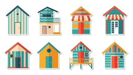 A vibrant collection of colorful seaside beach hut stickers. Vector illustration of small cabins for summer vacation themes