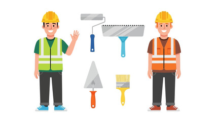A vector illustration set of construction worker characters in safety vests and helmets with building and painting tools for repair work