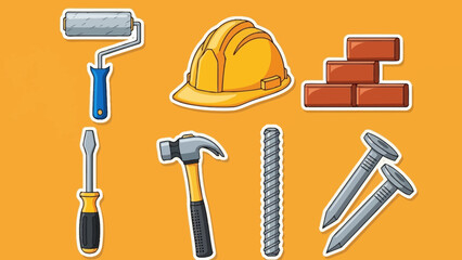A vibrant collection of cartoon construction tools and building equipment, featuring a hard hat, hammer, and bricks for industrial or DIY projects