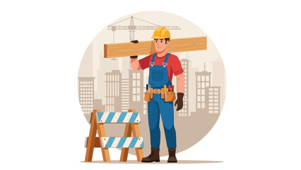 Vector illustration of a male construction worker in a hard hat carrying a wooden plank at a building site with a city skyline background