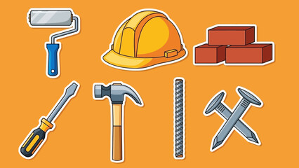 A collection of flat design construction equipment icons for industrial building and home repair projects, featuring various tools