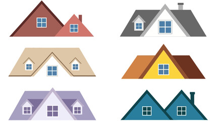 A diverse collection of house roof illustrations showcasing different gables, windows, and architectural styles for real estate concepts