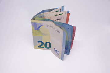 20 twenty euro banknotes in top view isolated