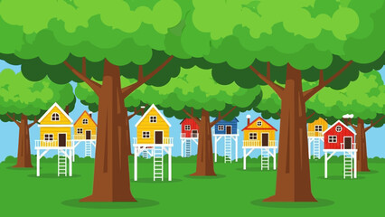 A whimsical village of colorful stilt treehouses nestled in a lush green forest, illustrating a concept for a sustainable and imaginative community