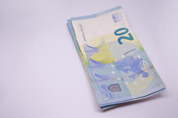 20 twenty euro banknotes in top view isolated