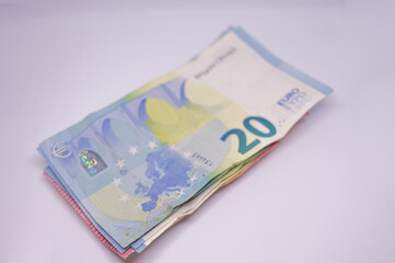 20 twenty euro banknotes in top view isolated
