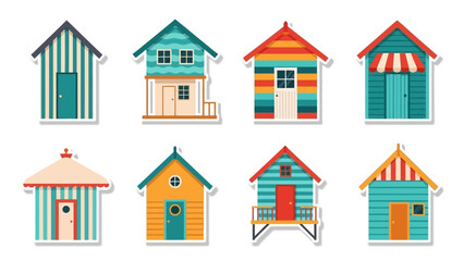 A vibrant collection of colorful beach hut stickers and seaside cabin illustrations, perfect for summer travel and vacation designs 2026