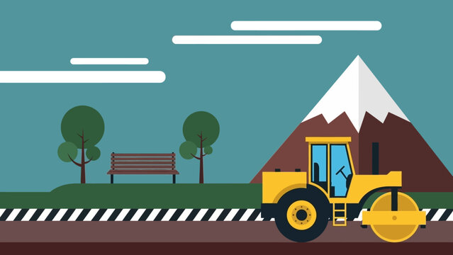A yellow steamroller works on a new asphalt road project with a scenic mountain backdrop, representing future infrastructure building