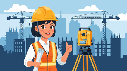 Professional woman surveyor in a hard hat giving a thumbs up on a construction project with a city skyline background