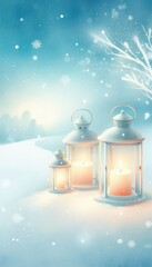 Three lanterns glowing in a snowy landscape with snowflakes falling from a light blue sky above them