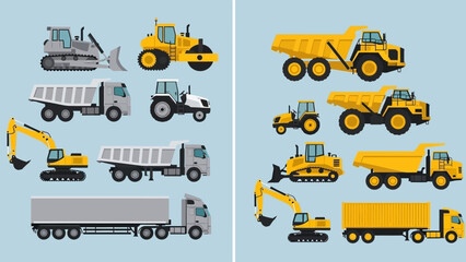 A diverse collection of heavy industrial machinery vector illustrations, featuring construction vehicles like dump trucks, excavators, and bulldozers
