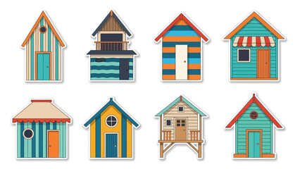 Fototapeta premium A charming collection of colorful beach hut illustrations, designed as a set of stickers for summer and seaside themes