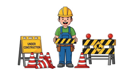 Friendly construction worker character in safety gear with an under construction sign and traffic cones. A flat vector illustration for maintenance pages 2026