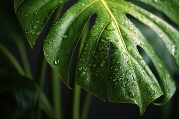 Obraz premium Close-Up of Monstera Leaf Glistening with Water Drops, Showcasing Lush Green Indoor Plant Beauty
