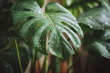 Obraz premium Close-Up of Monstera Leaf Glistening with Water Drops, Showcasing Nature's Beauty in Home Indoor Greenery