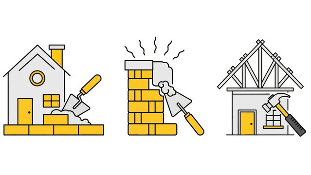 A modern line art icon set showing the house construction process. Vector illustrations of bricklaying, masonry, and roof framing for building projects