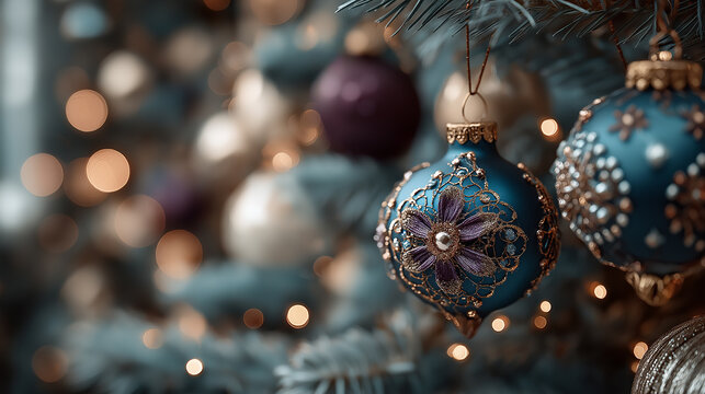 A beautifully adorned Christmas ornament hangs delicately among blurred lights, bringing festive charm to the holiday season. - Powered by Adobe