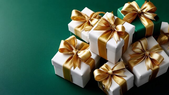 Overhead view of elegant Christmas presents with gold ribbons on a dark green surface, showcasing festive gift wrapping with copy space and vibrant colors