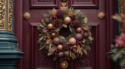 A festive wreath adorned with rich burgundy, gold, and pine accents beautifully complements the deep maroon door, creating a warm holiday welcome.