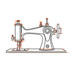 Sewing machine in continuous line art drawing style. Abstract old style sewing-machine for atelier or tailor sign design. Minimalist black linear sketch on white background. Vector illustration