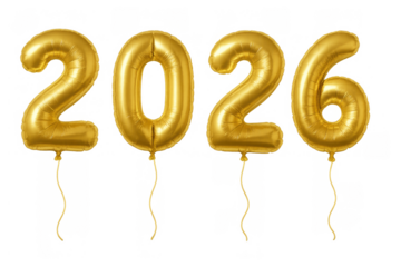 Gold foil balloons forming 2026 number, celebrating upcoming new year, anniversary or special event on transparent background