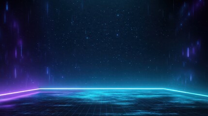 Futuristic Nightscape. Neon Glow in an Abstract Cosmic Background with Shining Elements