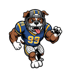 Aggressive bulldog mascot wearing an American football uniform running forward, isolated on white.