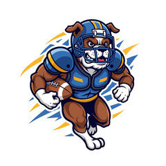 Aggressive bulldog mascot wearing football uniform running with the ball, vector illustration