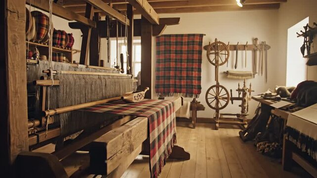 Traditional wooden loom weaving plaid fabric with spinning wheel in rustic workshop setting
