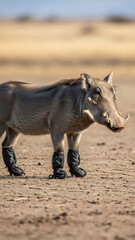Fototapeta premium Warthog wearing protective leg warmers or boots while standing on sandy ground in a wildlife scene. Animal care and nature concept.
